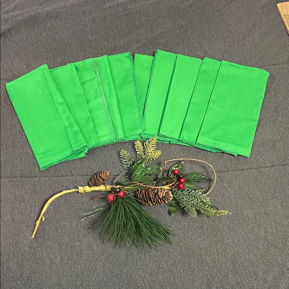 Vintage Hand Stitched Set of 10 Green Cloth Napkins